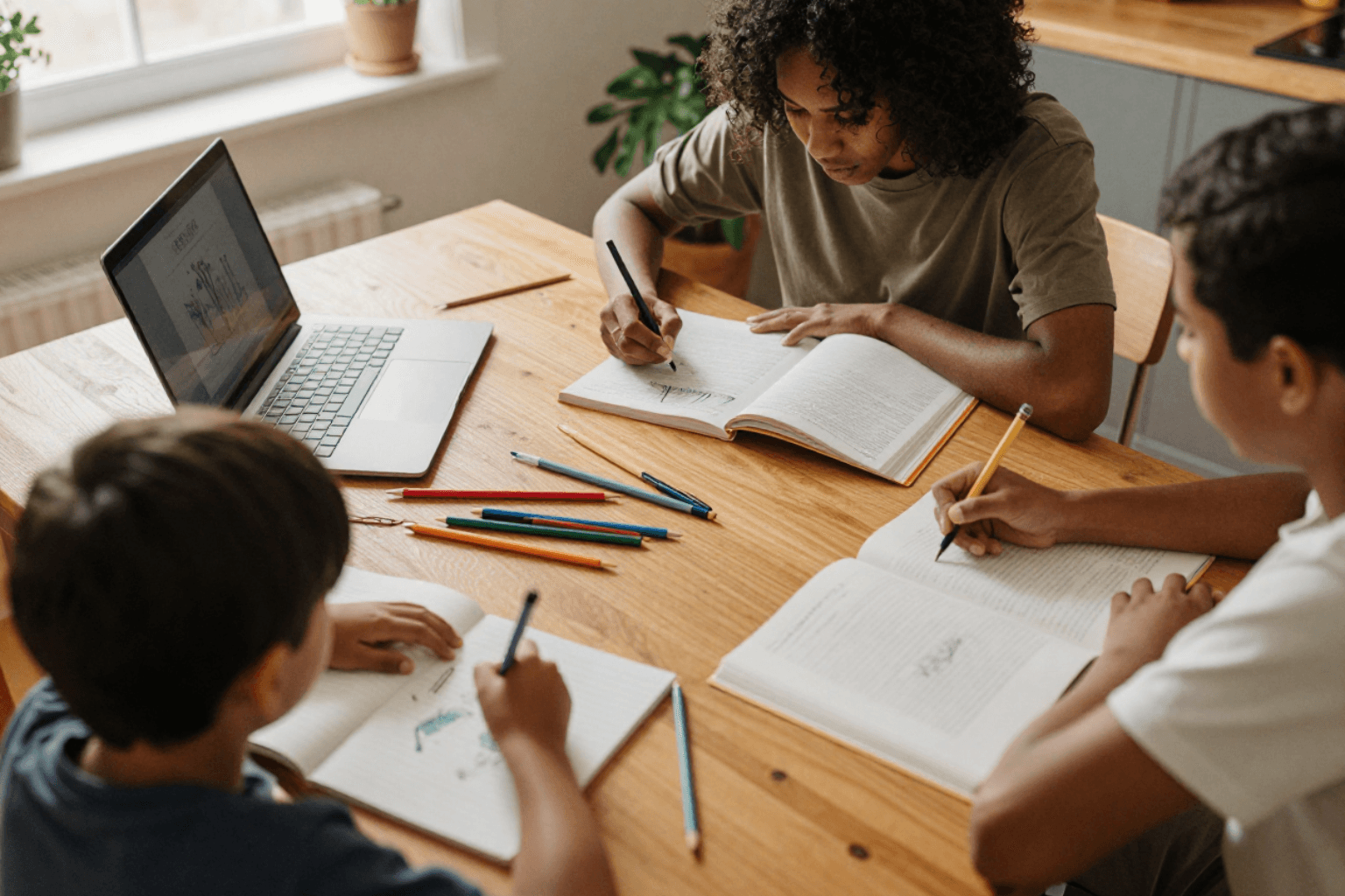 A homeschool family learning together around the kitchen table