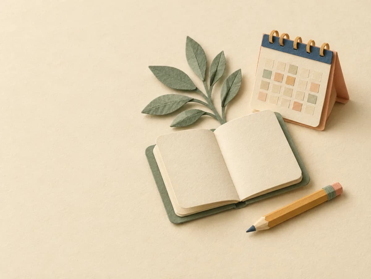 A paper-craft still life: an open paper planner, a sprig of paper sage leaves, a small paper calendar and a paper pencil.