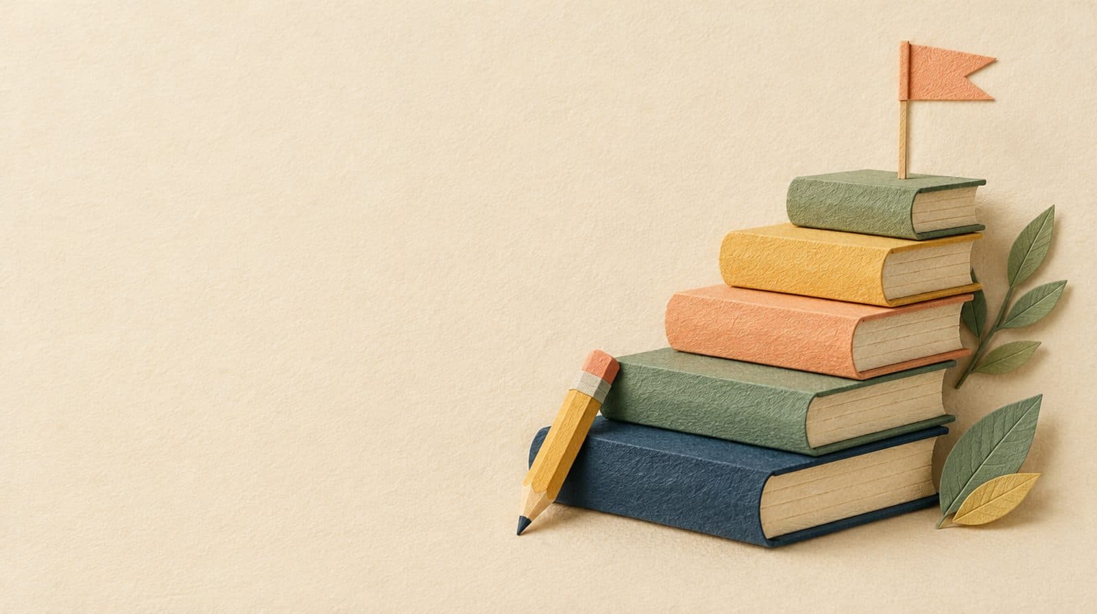 A paper-craft staircase of stacked books with a small peach flag on the top step and a paper pencil leaning on the bottom.